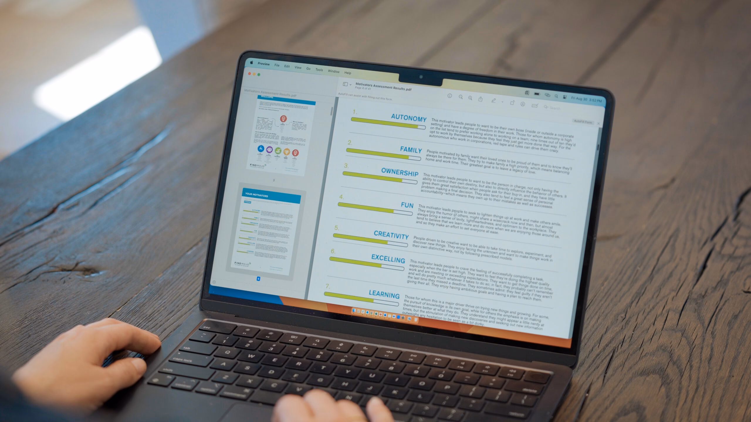 FindMojo Motivators Assessment results displayed on a computer.